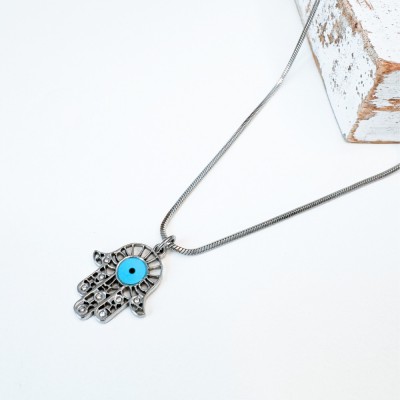 Colier Hamsa din otel inoxidabil cu Evil Eye bleu - Protectie energii negative foto