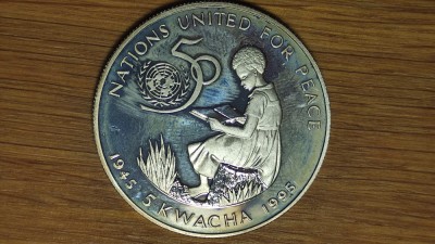 Malawi - moneda uriasa argint ⌀ 38.5 mm - 5 kwacha 1995 PROOF - Natiunile Unite foto