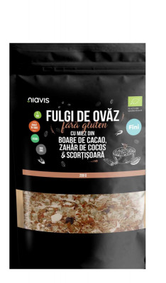 Fulgi de Ovaz Fini Fara Gluten cu Miez din Boabe de Cacao, Zahar de Cocos si Scortisoara Bio 200 grame Niavis foto