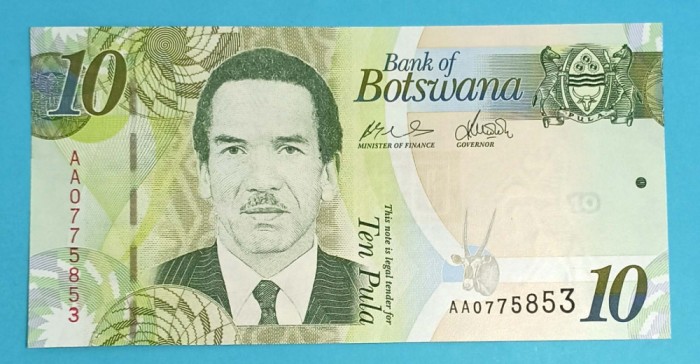Bancnotă Botswana (pick 30) 10 Pula 2009 UNC serie: AA07758.. Varianta pe H&acirc;rtie nu polimer