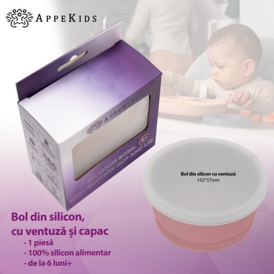 Bol din silicon cu ventuza si capac, AppeKids - Old Rose foto
