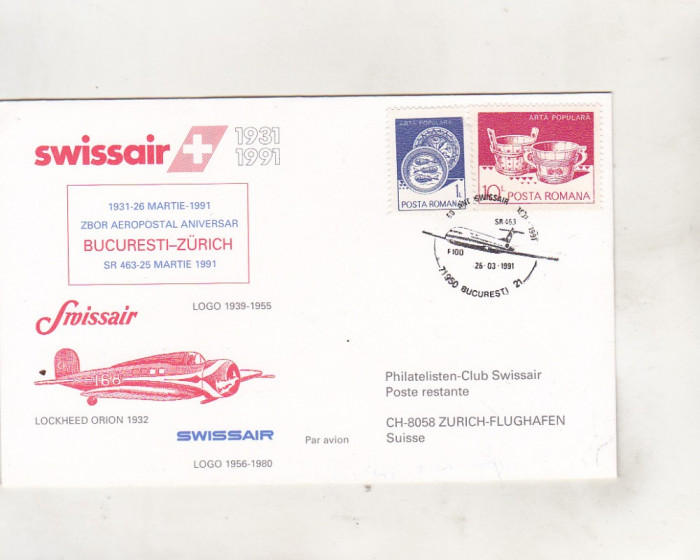 bnk fil Plic ocazional Zbor aeropostal aniversar Bucuresti Zurich 1991