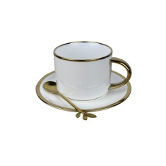 Set Ceasca de cafea din ceramica cu farfurie si lingurita,Alb