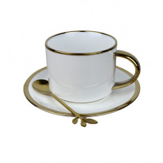 Set Ceasca de cafea din ceramica cu farfurie si lingurita,Alb