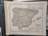 Hartă Spania și Portugalia 1866, Justus Perthes, gravură color, 45x37 cm, Stieler's Hand-Atlas, Gibraltar, Ceuta, Melila, Baleare