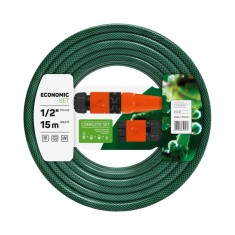 Set furtun gradina Cellfast Economic, 15 m, 20 bar, 3 straturi, protectie UV, flexibil, duza reglabila, conector 1/2 inch, adaptor cu filet, Verde