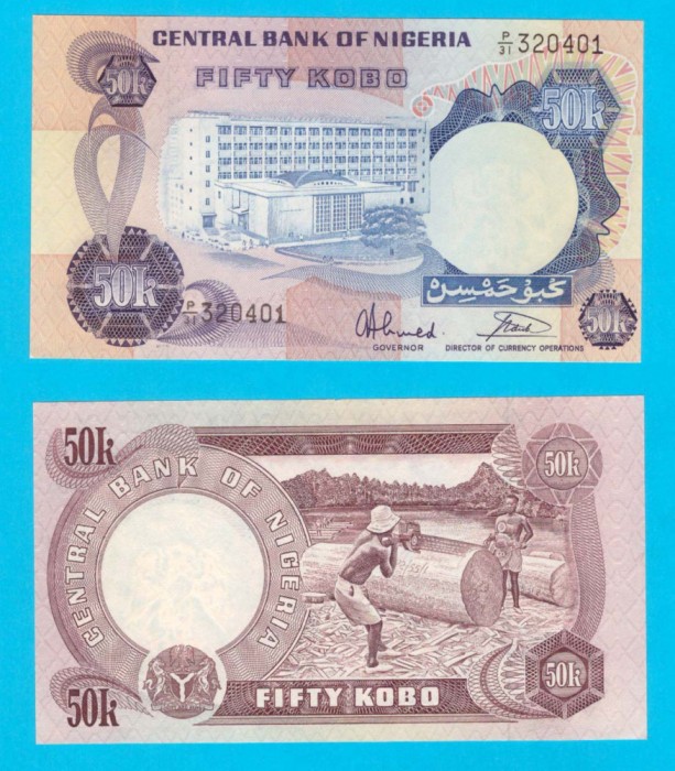 Nigeria 50 Kobo 1973 &#039;Tăietori de buşteni&#039; UNC serie: 320401 p#14