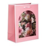 Sacosa cadou din hartie, roz, cu fereastra si model flori cu pasare, 18x10x23cm, CMCLASS