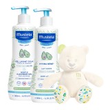 Pachet Ursulet, Gel de curatare delicat pentru par si corp si Lotiune de corp Hydra Bebe, 500 ml, Mustela