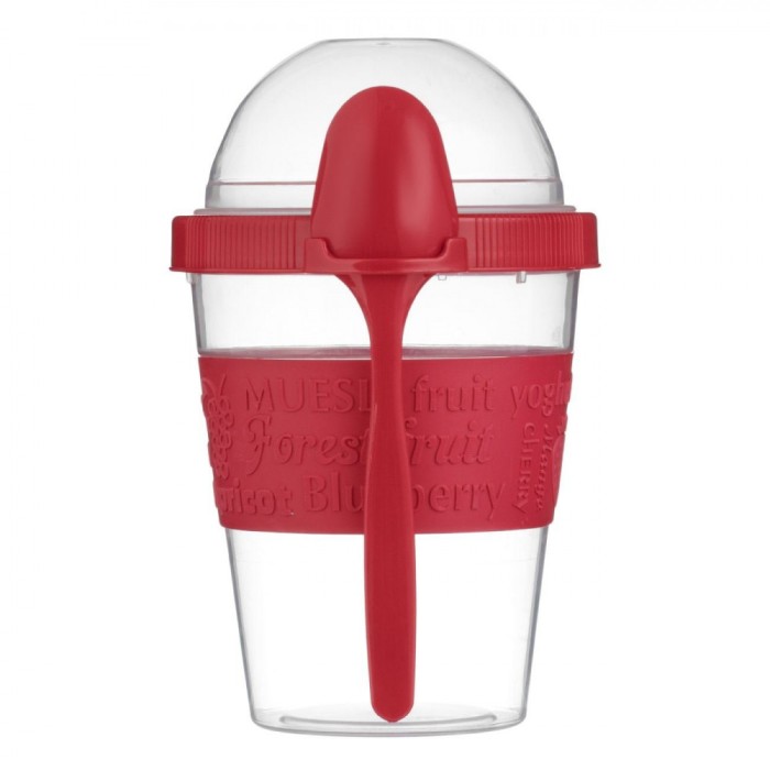 Caserolă Plastic, Model Take Away Snack, Capacitate 0,6L, Transparent, Lingură Roșie, 6.8x17cm