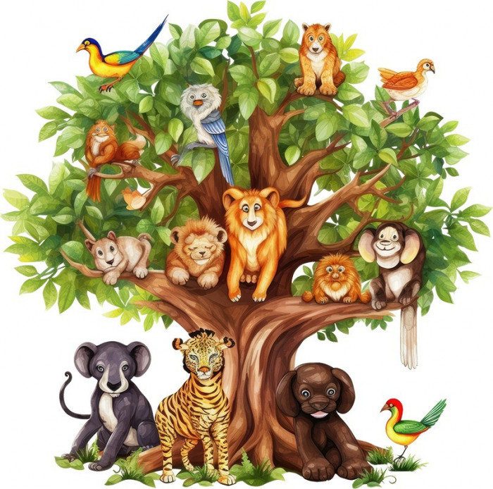 Sticker decorativ, Copacul cu Animale, Verde, 60 cm, 8218ST