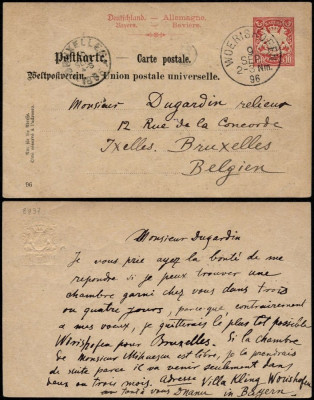 Germany Bavaria 1896 Old postcard stationery Woerishofen to Brussels D.861 foto