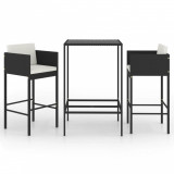 Set mobilier bar de grădină cu perne, 3 piese, negru, poliratan