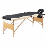 VidaXL Masă pliabilă de masaj, 3 zone, negru și bej, lemn