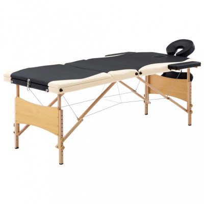vidaXL Masă pliabilă de masaj, 3 zone, negru și bej, lemn foto