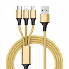 Cablu Incarcare USB - Lightning / USB Type-C / MicroUSB OEM, Textil, 1m, Auriu