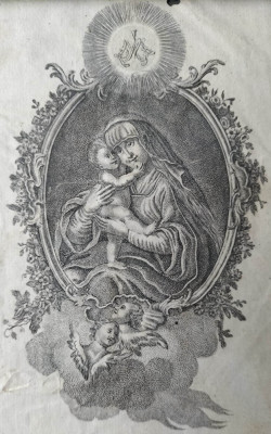 Fecioara Maria cu pruncul Isus-gravură veche foto