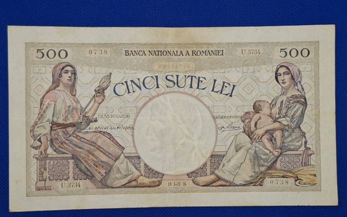 500 lei 1938, seria U.3734 0738, stare foarte bună, rară, bancnotă de dimensiuni mari 205 &times; 115 mm