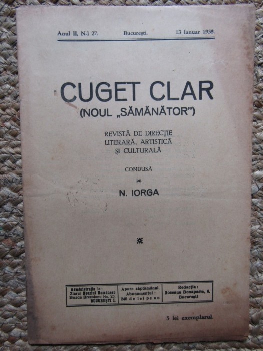 Revista - Cuget Clar - Noul Semanator - condusa de N. Iorga - ANUL II NR. 27 13 IANUARIE 1938