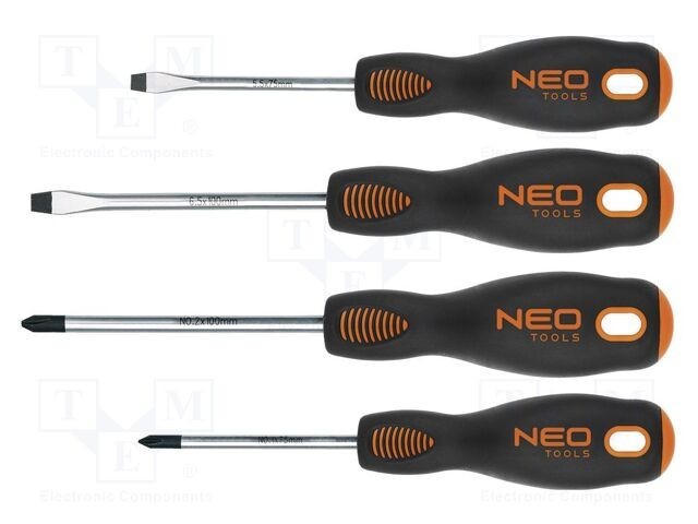 Kit şurubelniţe NEO TOOLS Phillips şi plată, 4 piese, magnetic, m&acirc;nere ergonomice