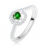 Inel de logodnă realizat din argint 925, inimă verde din zirconiu, linii strălucitoare - Marime inel: 54