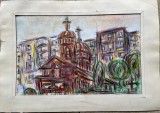 Lucrare / tablou tehnică mixtă, Drăguțescu / Dragotescu / Drăgotean / Dragusanu (?), carton subțire, 28 x 19 cm supraf lucrată, artist roman biserica, Religie, Acuarela, Realism