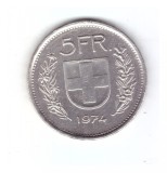 Moneda Elvetia 5 francs/franci 1974, stare buna, curata