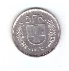 Moneda Elvetia 5 francs/franci 1974, stare buna, curata