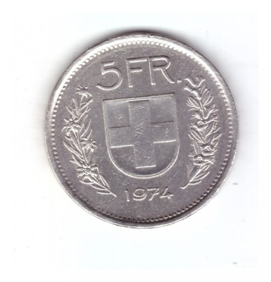 Moneda Elvetia 5 francs/franci 1974, stare buna, curata foto