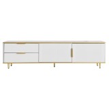 Mobilă TV joasă cu textură sculptată, m&acirc;nere și picioare aurii, structură cu efect de marmură pentru living, 175x40x45 cm, albă
