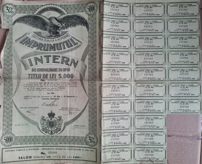 DATORIA PUBLICA A ROMANIEI IMPRUMUTUL INTERN DE CONSOLIDARE TITLU 5000 LEI 1935 foto