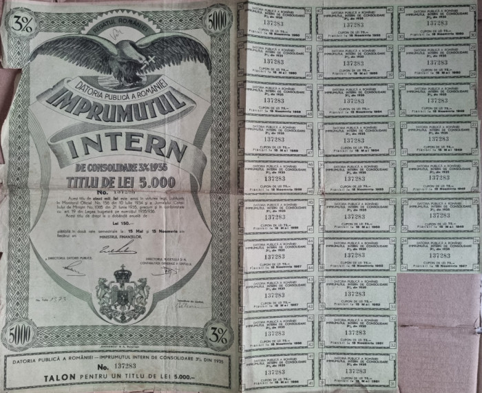 DATORIA PUBLICA A ROMANIEI IMPRUMUTUL INTERN DE CONSOLIDARE TITLU 5000 LEI 1935