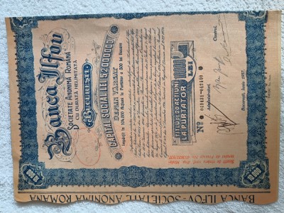 titlu de 20 actiuni la purtator, Societatea Anonima Romaneasca , Banca Ilfov foto