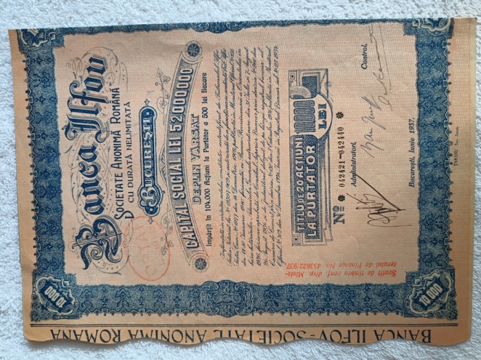 titlu de 20 actiuni la purtator, Societatea Anonima Romaneasca , Banca Ilfov