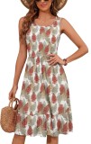 Rochie de vară fără m&acirc;neci, &icirc;n formă de A, p&acirc;nă la genunchi, cu talie elastică și guler rotund &ndash; floral