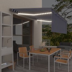 vidaXL Copertină automată stor&amp;LED&amp;senzor v&acirc;nt, albastru&amp;alb 4,5x3 cm