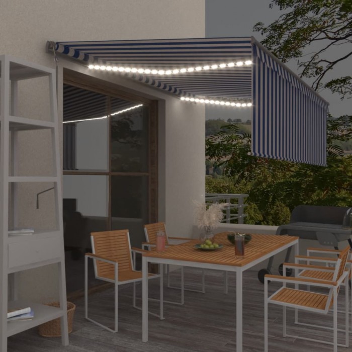 vidaXL Copertină automată cu stor&amp;senzor v&acirc;nt&amp;LED, albastru&amp;alb, 4x3 m