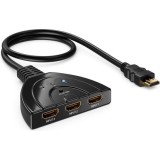 Spliter HDMI TarTek, 4K , 3 intrari, 1 iesire cu cablu HDMI ce suporta HDCP PS4 Pro Blu-ray DVD Proiector 3D 2160p, negru