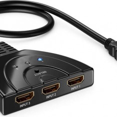 Spliter HDMI TarTek, 4K , 3 intrari, 1 iesire cu cablu HDMI ce suporta HDCP PS4 Pro Blu-ray DVD Proiector 3D 2160p, negru