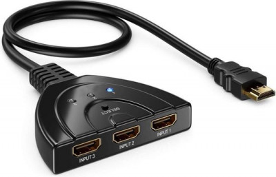 Spliter HDMI TarTek, 4K , 3 intrari, 1 iesire cu cablu HDMI ce suporta HDCP PS4 Pro Blu-ray DVD Proiector 3D 2160p, negru foto