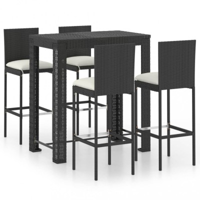 vidaXL Set mobilier bar de exterior cu perne, 5 piese, negru, poliratan foto