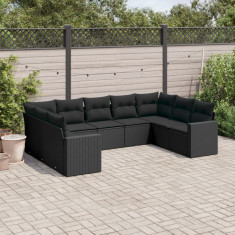 Set mobilier de gradina cu perne, 9 piese, negru, poliratan