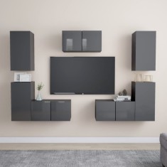 Set de dulapuri TV, 7 piese, gri extralucios, lemn prelucrat