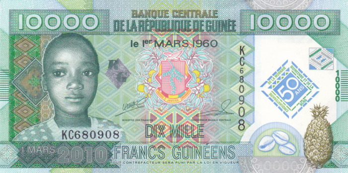 Bancnota Guineea 10.000 Franci 2010 - P45 UNC ( comemorativa )