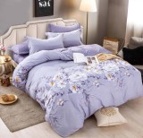 Cumpara ieftin Lenjerie pat dublu,bumbac finet,6 piese cu elastic,mov cu flori albe-A137, Jojo Home