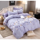 Lenjerie pat dublu,bumbac finet,6 piese cu elastic,mov cu flori albe-A137