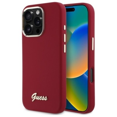 Husa pentru iPhone 16 Pro - Guess Silicone Script Metal Logo (GUHCP16LSMBSLM) - Red foto