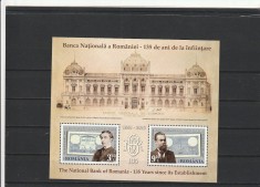 ROMANIA 2015 LP 2079 a 135 DE ANI DE LA INFIINTAREA BNR BLOC DE 2 TIMBRE CU MANSETA ILUSTRATA MNH NESTAMPILAT