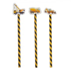 Creioane școlare, Diverse Modele, Radieră Vehicule de Construcții, Set 3 Bucăți, Culoare Negru/Galben
