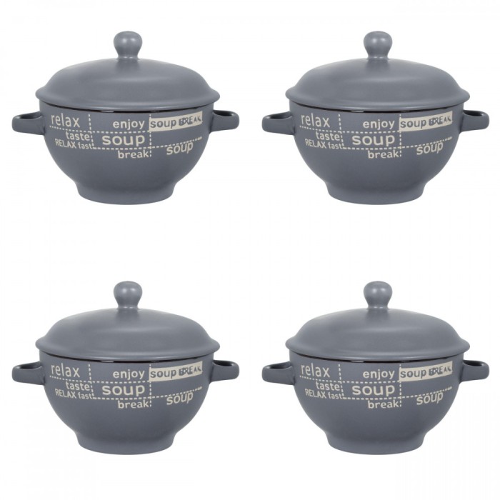 Set boluri supa, 4 piese, 650 ml, Ceramica, Gri bej